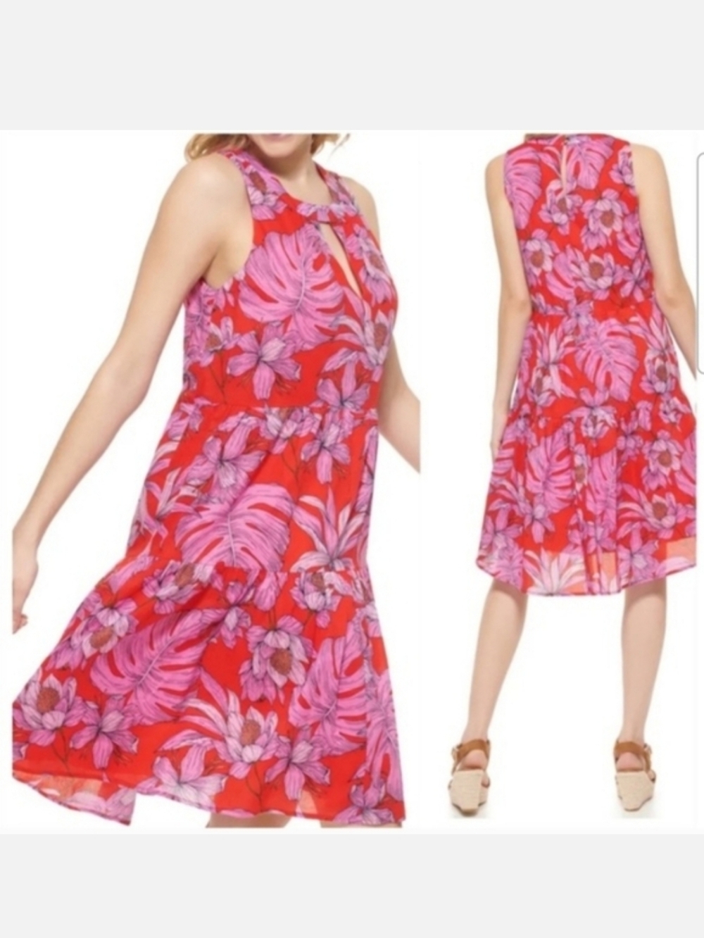 Tommy Hilfiger Gustavia Dress Cotton Red Pink Tropical Tiered Floral 16
